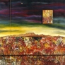 “Paisaje concreto del romanticismo conceptual” / “Concrete Landscape of Conceptual Romanticism” (1999). 170 x 170 cm. Óleo, óleo pastel y ensamblaje sobre lienzo. / Oil, óleo pastel and assemblage on canvas.